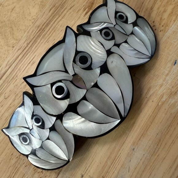 Vintage Lee Sands Owl Barrette Mother-Of-Pearl Inlay Hair Clip 1970s/1980s Handm - Picture 2 of 9